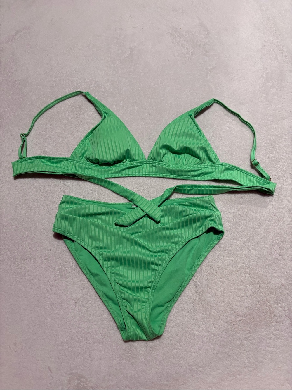 Ribbed Green Tie-Front Bikini Set - Women Swim